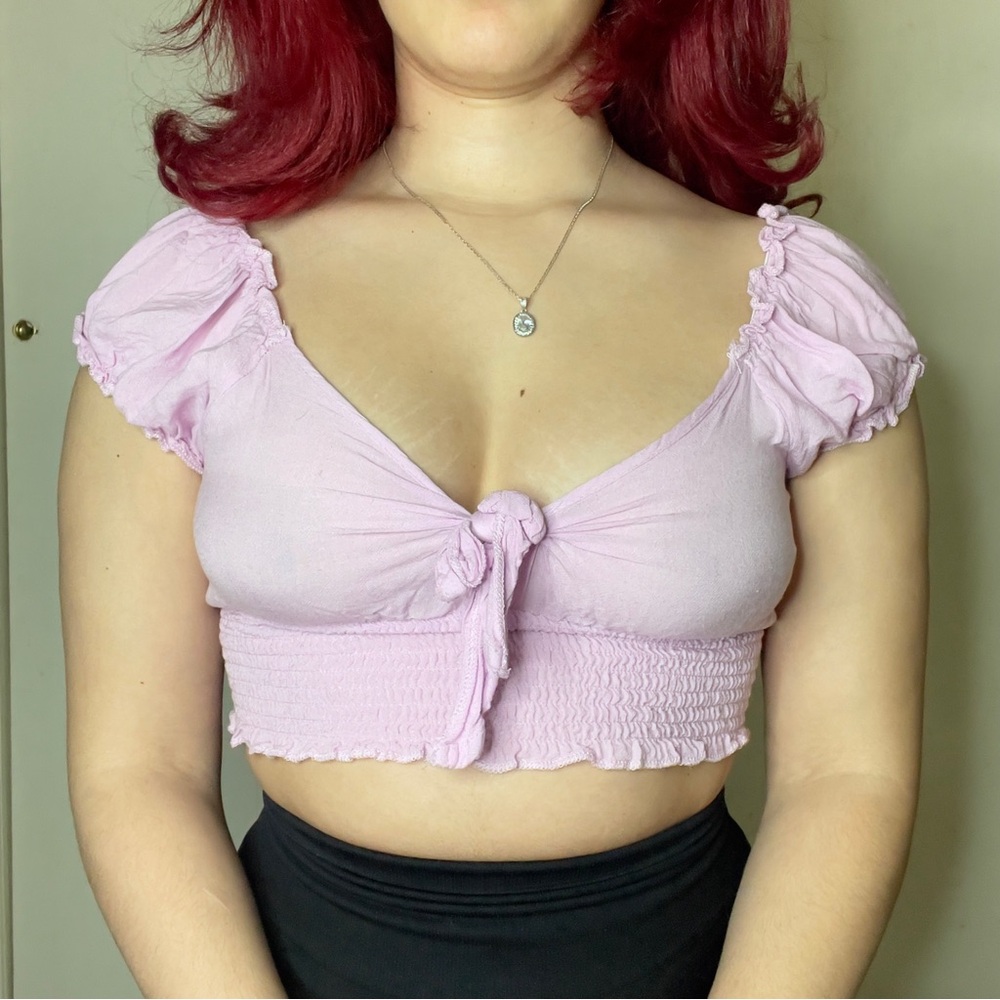 Light Purple Lavender Puff Sleeve Tie-Front Top